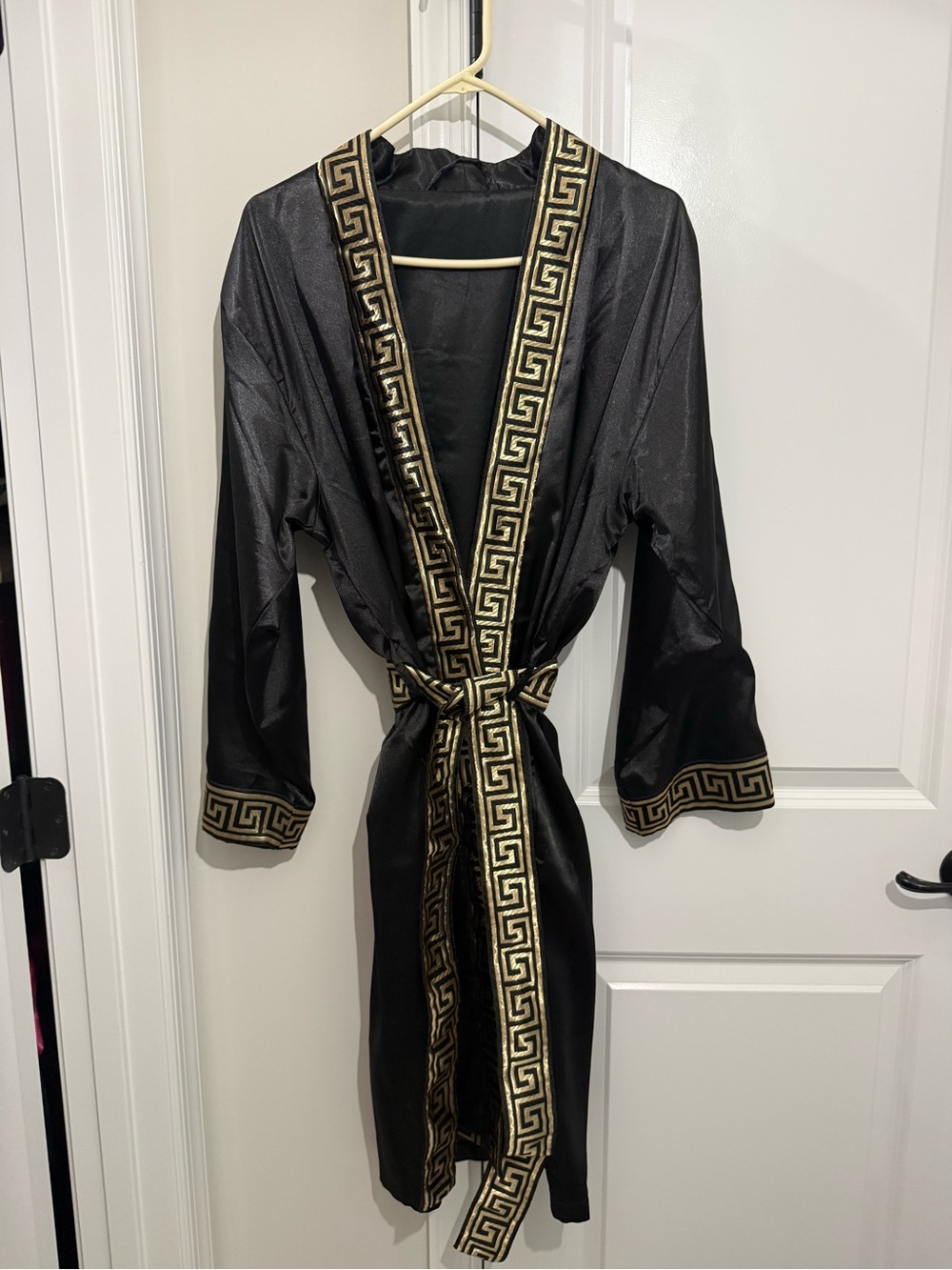Black Satin Robe with Gold Greek Key Trim by